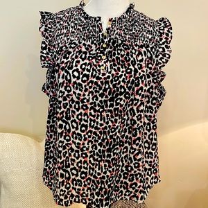 Adorable Loft Top in black and white with pink accents and gold buttons